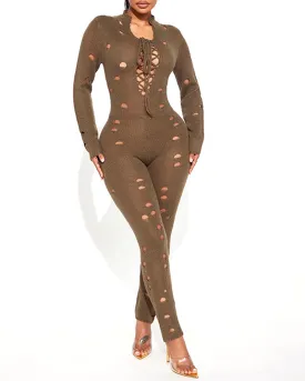 Long-Sleeved Knitted Holes In Slimming Jumpsuits