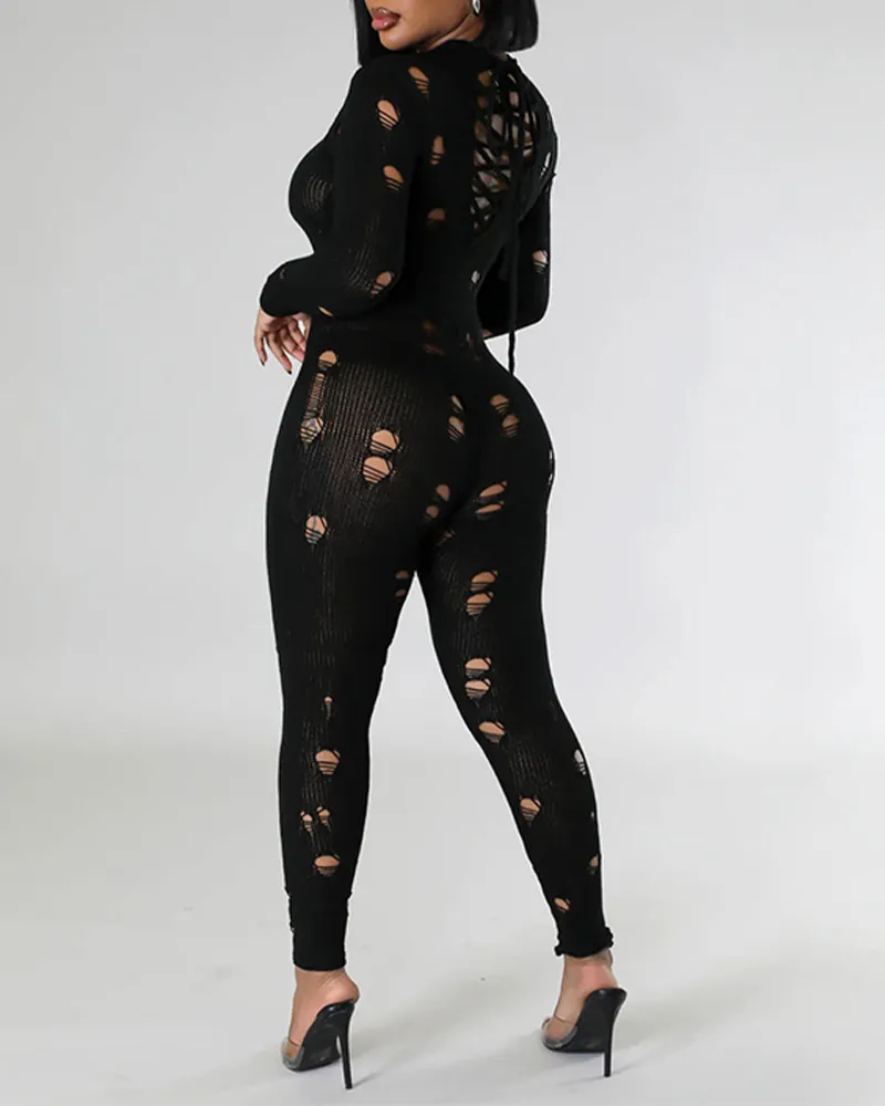 Long-Sleeved Knitted Holes In Slimming Jumpsuits