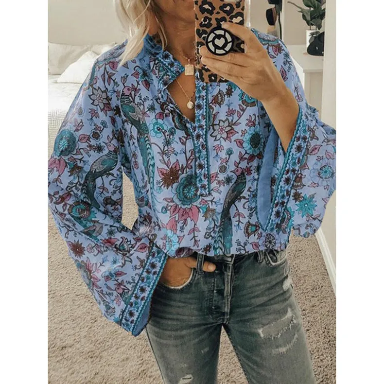 Loose Peacock Print Button Long Sleeve Womens Shirts Casual Wholesale Blouse