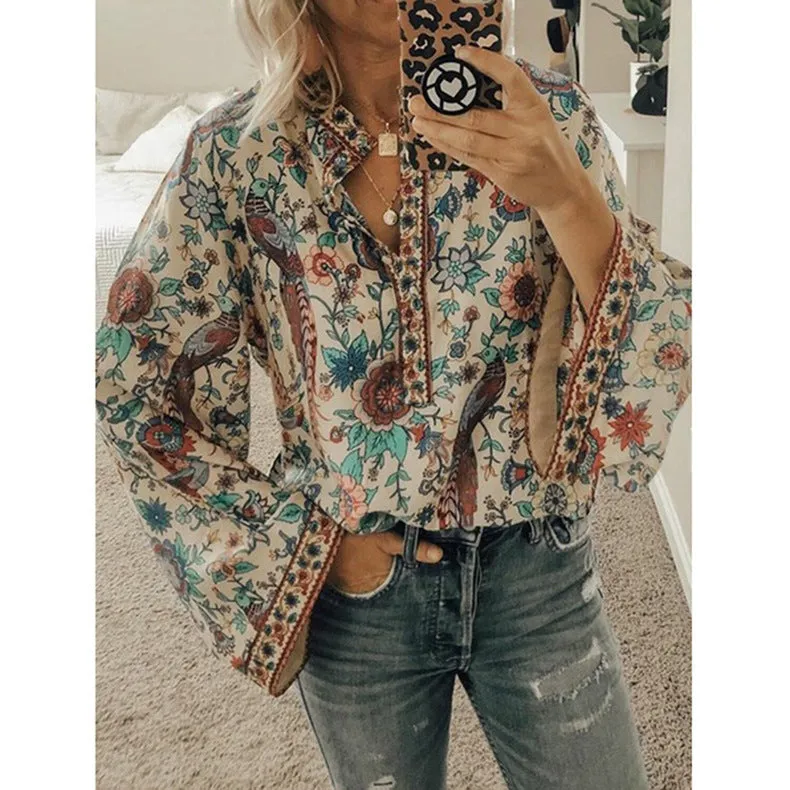 Loose Peacock Print Button Long Sleeve Womens Shirts Casual Wholesale Blouse