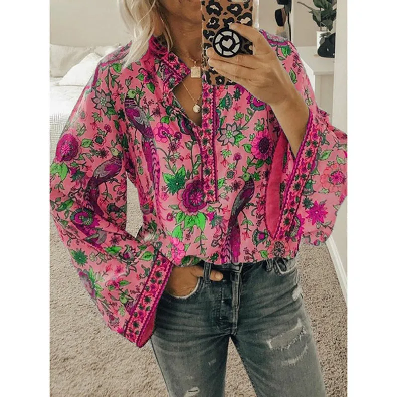 Loose Peacock Print Button Long Sleeve Womens Shirts Casual Wholesale Blouse