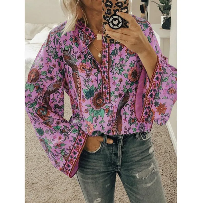 Loose Peacock Print Button Long Sleeve Womens Shirts Casual Wholesale Blouse