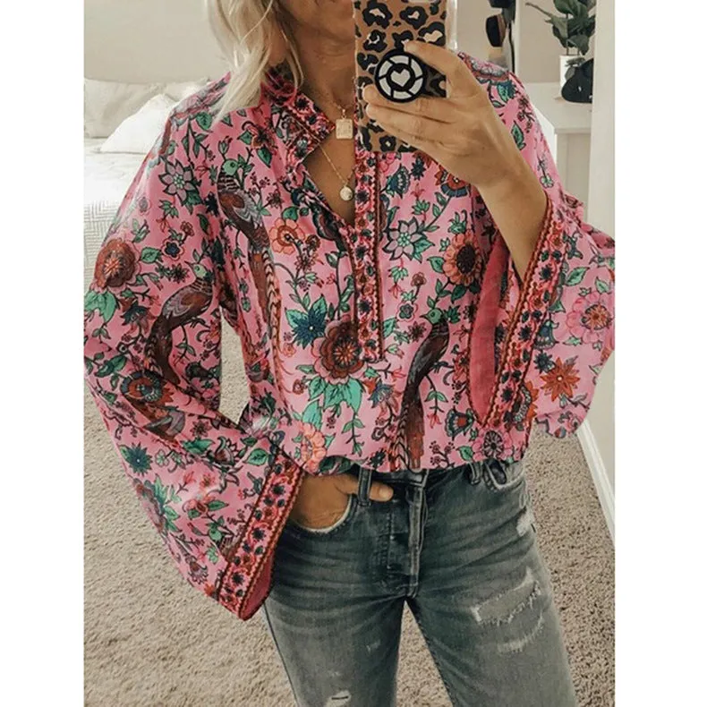 Loose Peacock Print Button Long Sleeve Womens Shirts Casual Wholesale Blouse
