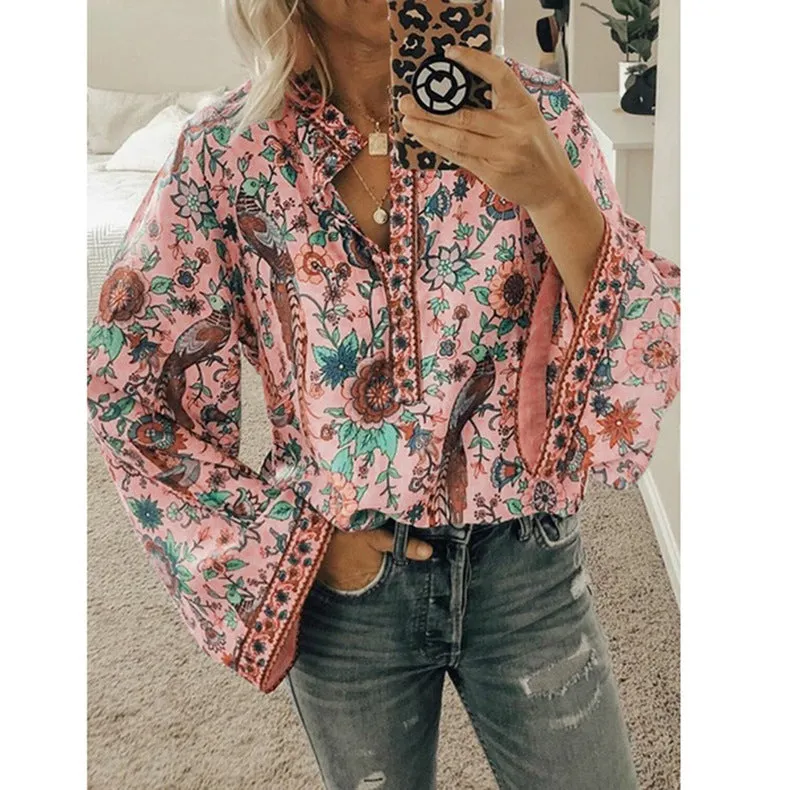 Loose Peacock Print Button Long Sleeve Womens Shirts Casual Wholesale Blouse