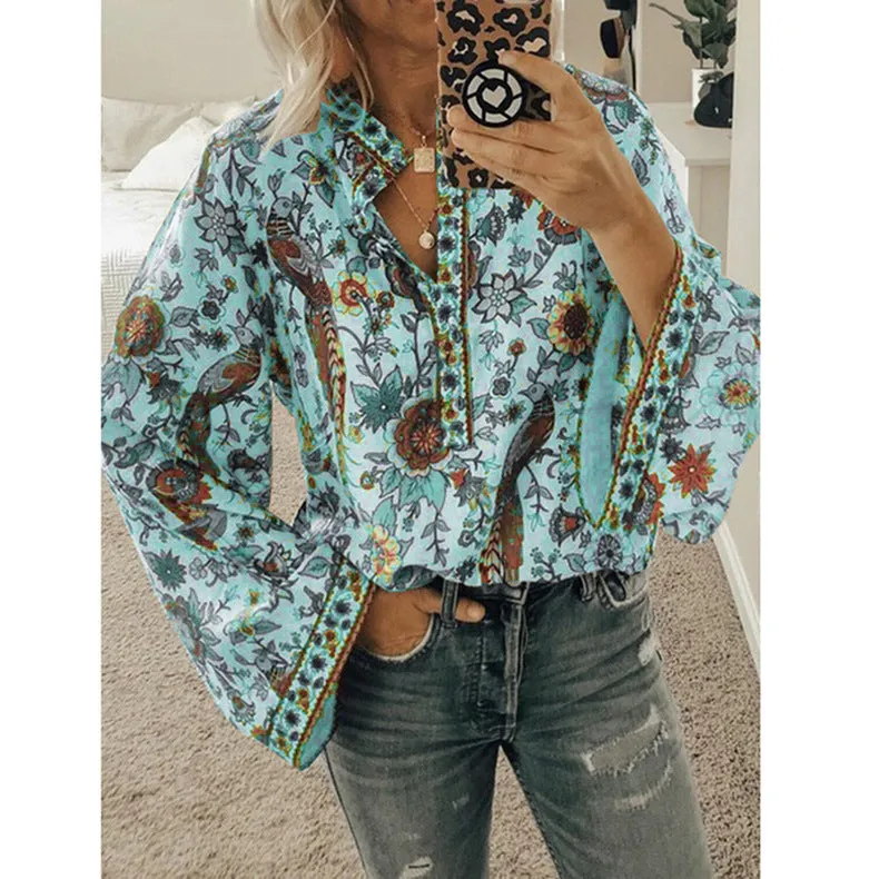 Loose Peacock Print Button Long Sleeve Womens Shirts Casual Wholesale Blouse