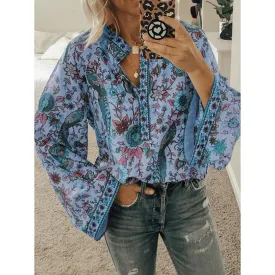 Loose Peacock Print Button Long Sleeve Womens Shirts Casual Wholesale Blouse