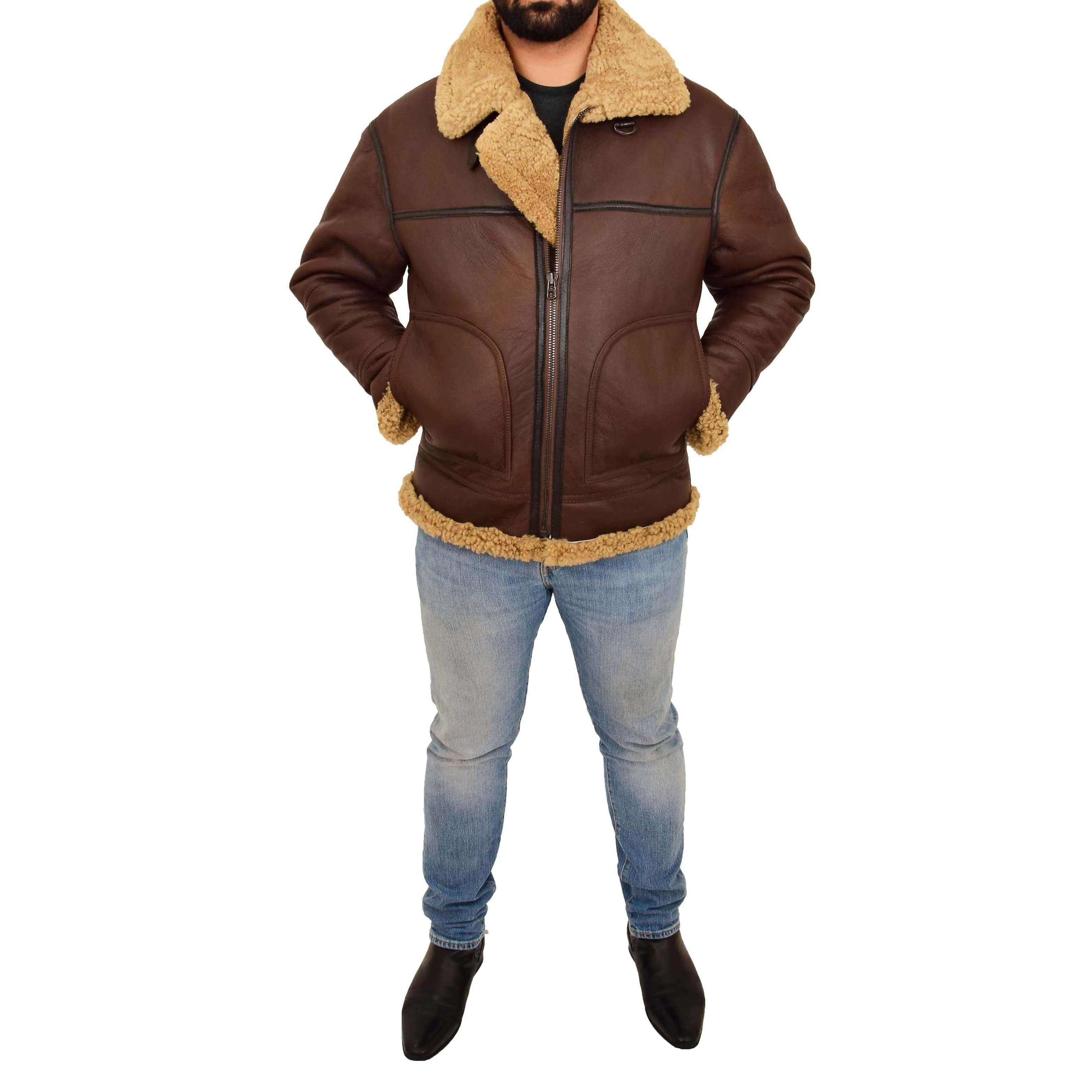 Mens Brown Real Sheepskin B3 Flying Bomber Jacket Shearling Aviator Pilot Coat Larry