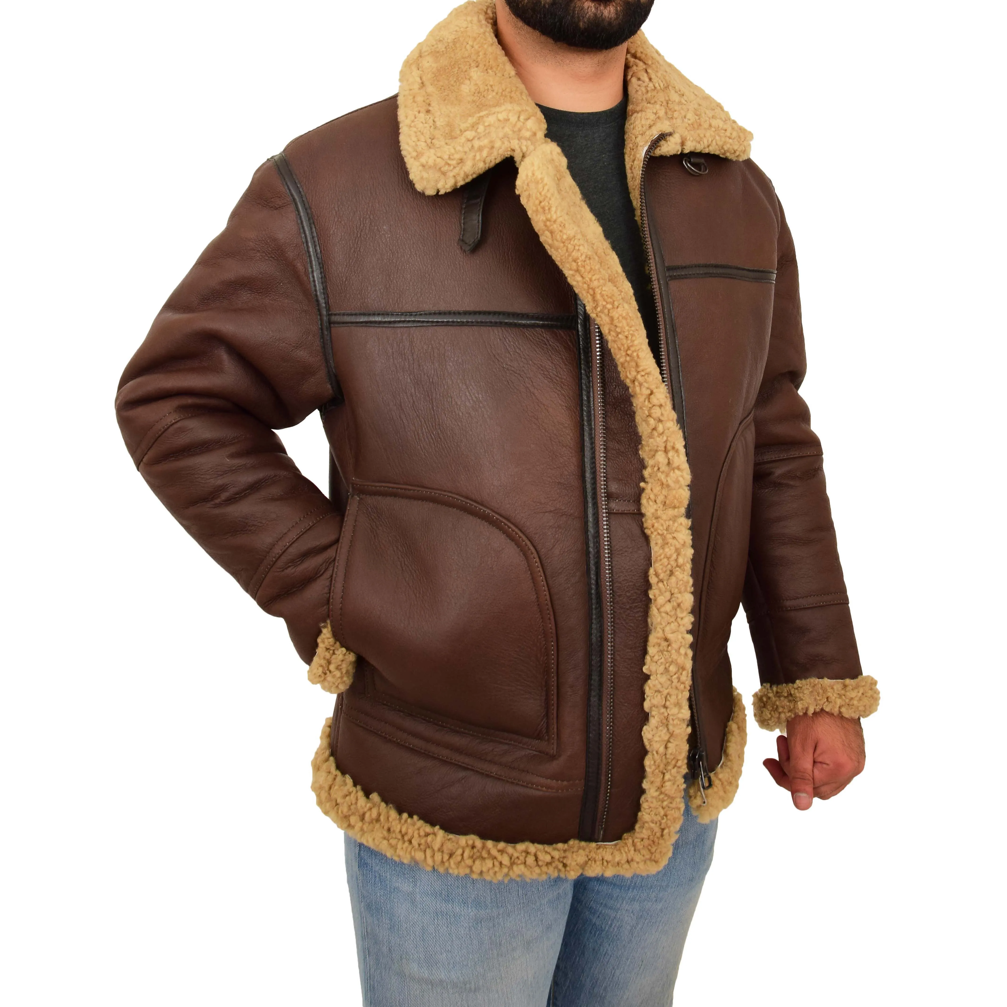 Mens Brown Real Sheepskin B3 Flying Bomber Jacket Shearling Aviator Pilot Coat Larry