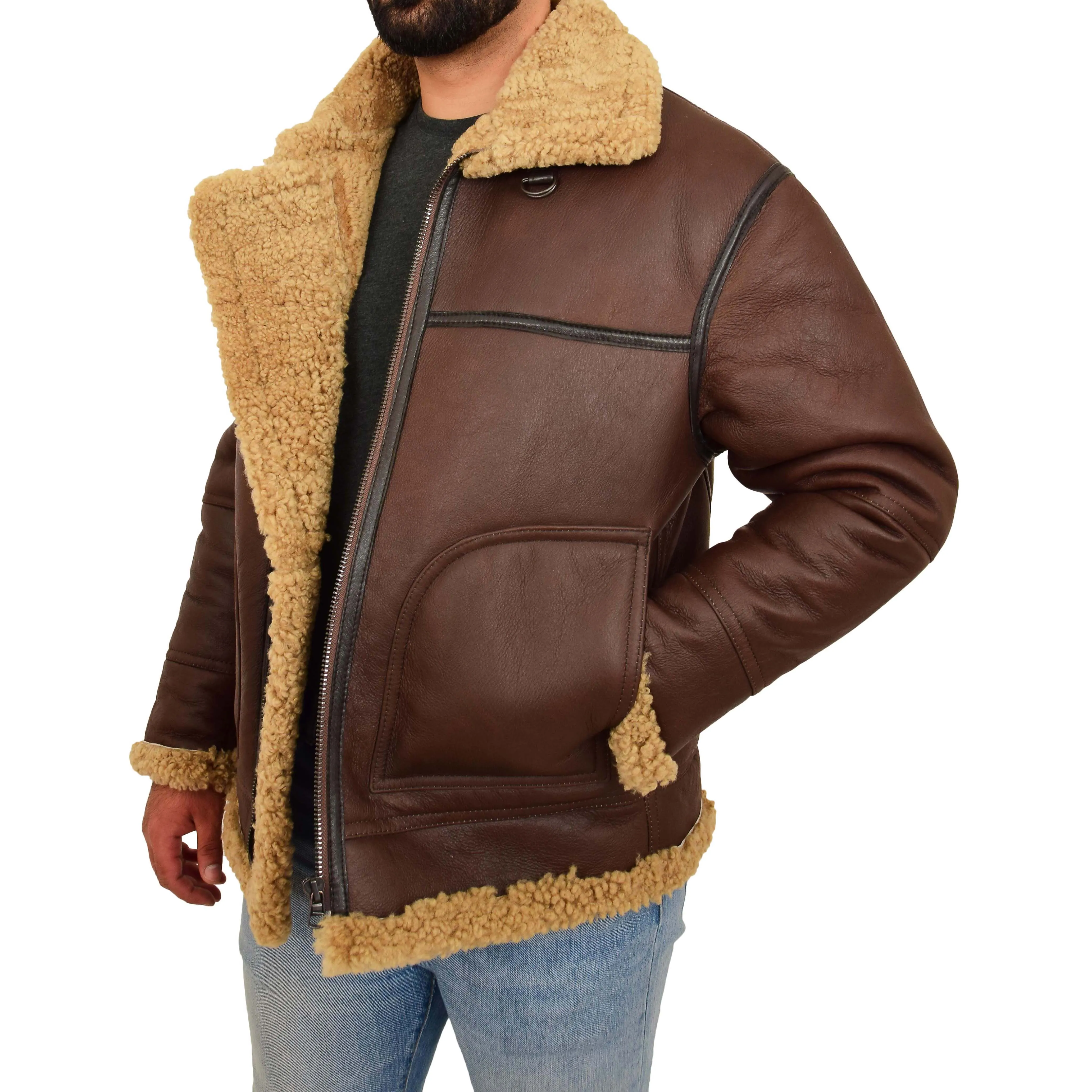 Mens Brown Real Sheepskin B3 Flying Bomber Jacket Shearling Aviator Pilot Coat Larry
