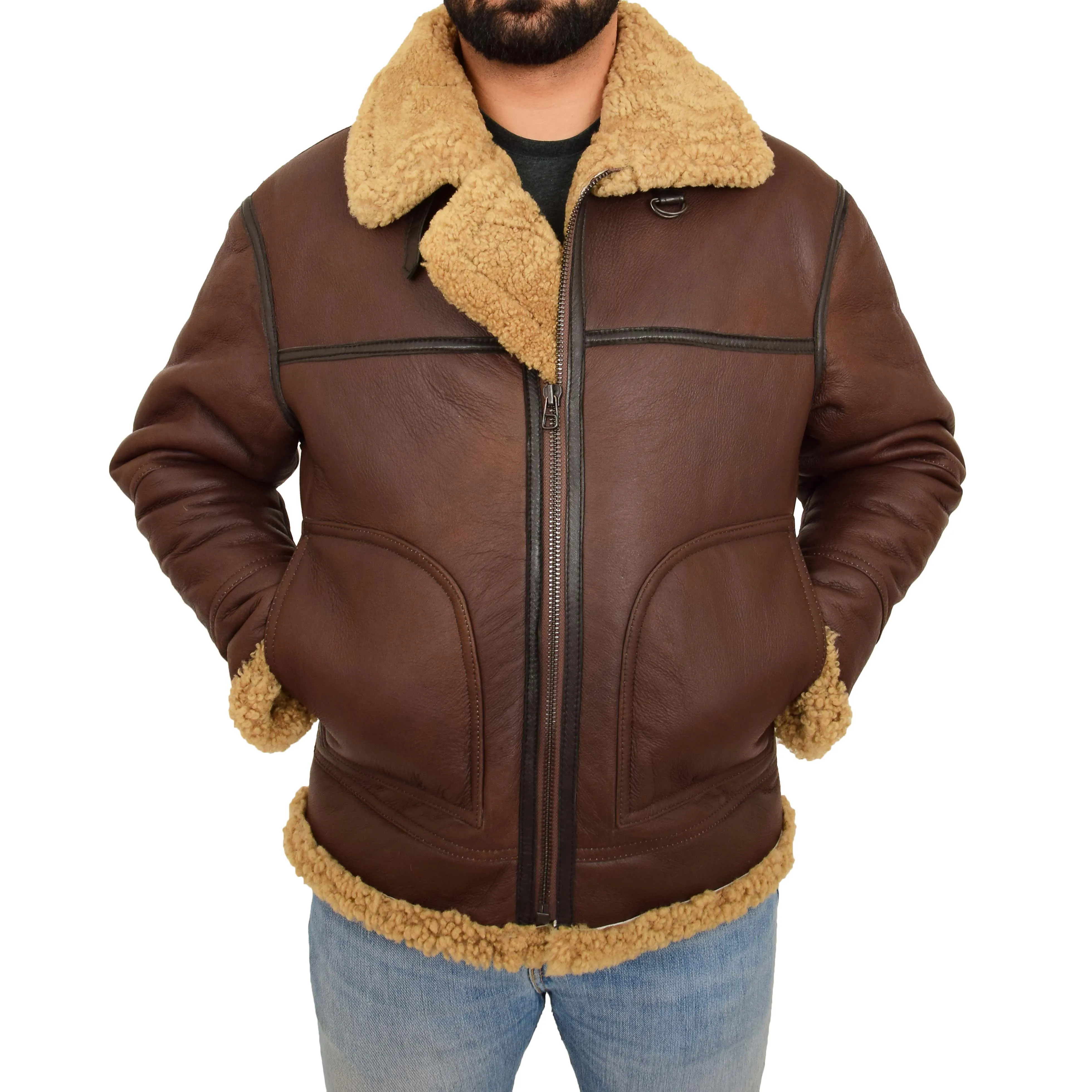 Mens Brown Real Sheepskin B3 Flying Bomber Jacket Shearling Aviator Pilot Coat Larry