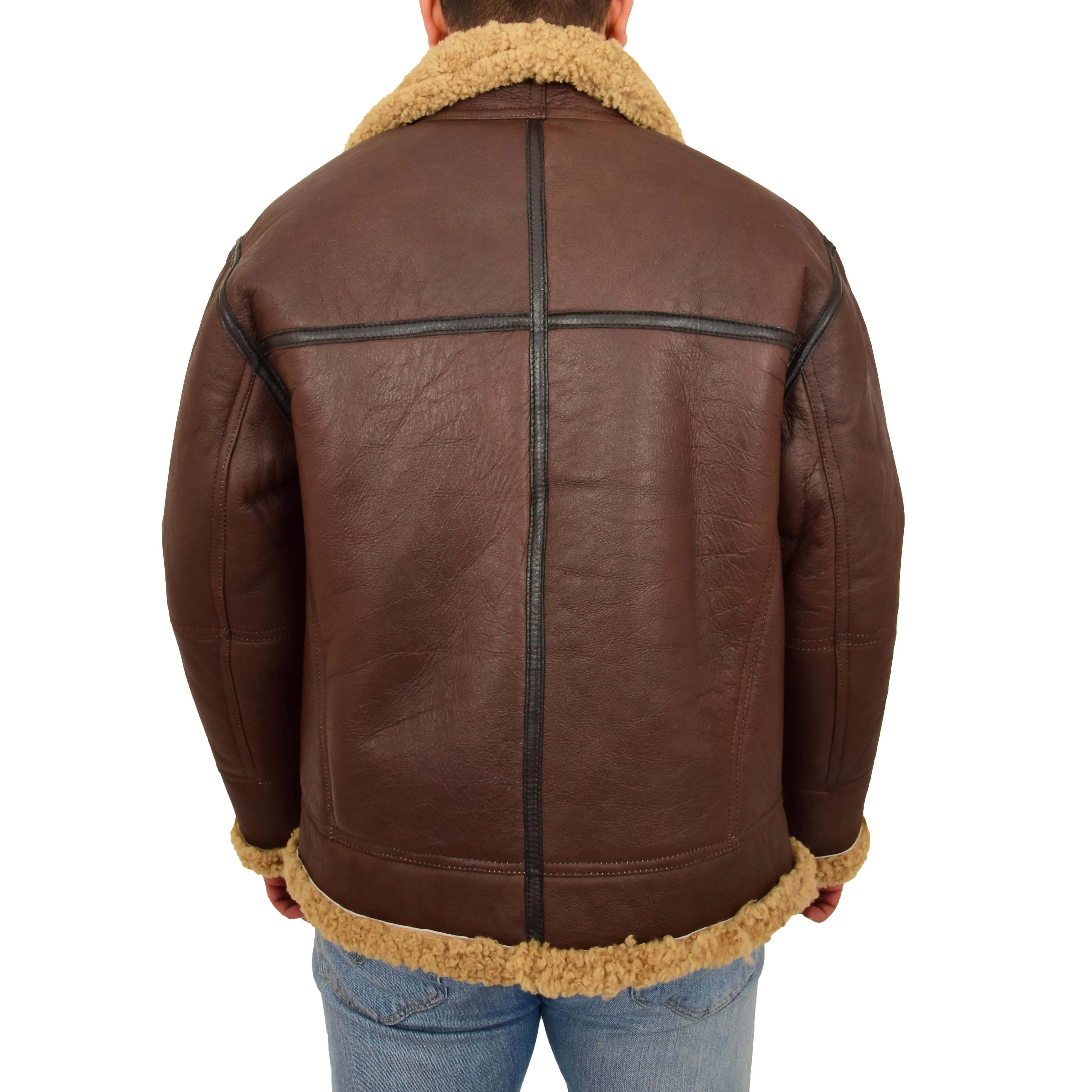 Mens Brown Real Sheepskin B3 Flying Bomber Jacket Shearling Aviator Pilot Coat Larry