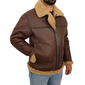 Mens Brown Real Sheepskin B3 Flying Bomber Jacket Shearling Aviator Pilot Coat Larry