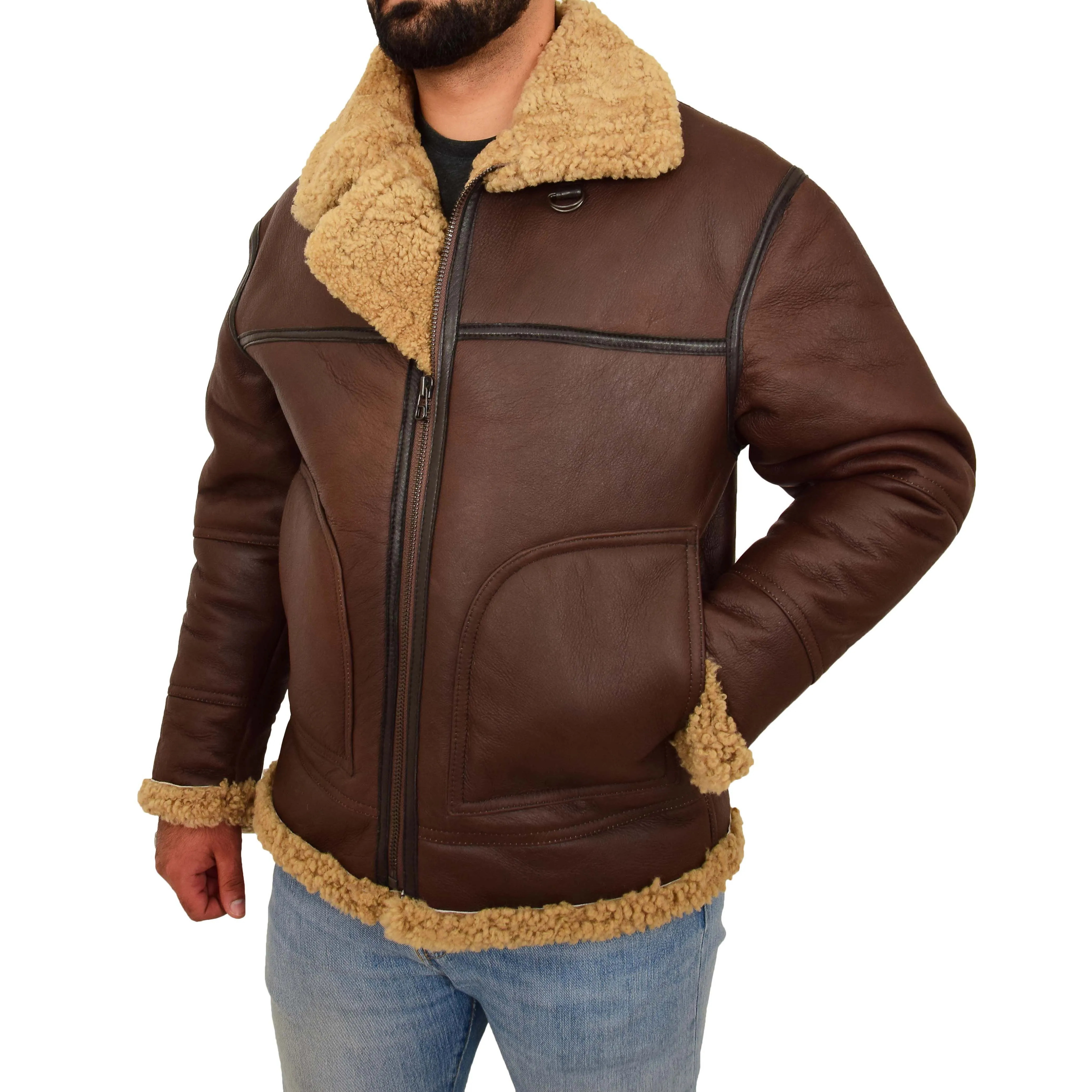 Mens Brown Real Sheepskin B3 Flying Bomber Jacket Shearling Aviator Pilot Coat Larry