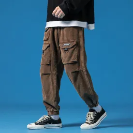 Mens Corduroy Pants Men's Autumn and Winter Three-Dimensional Multi-Pocket Workwear Ankle Banded Slacks