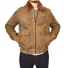 Men's Real Sheepskin Shearling Jacket Bomber Style Brown Ginger Kirby