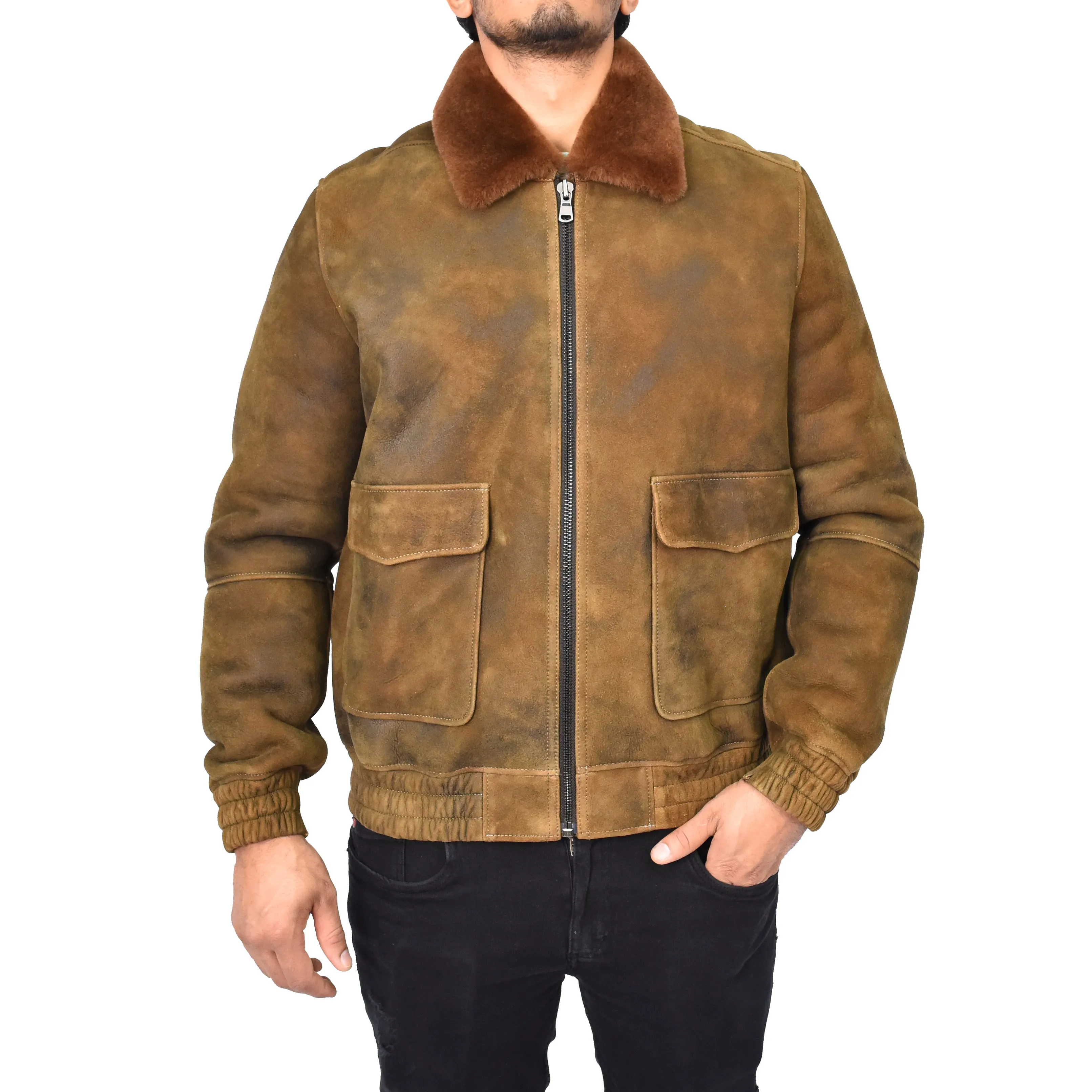 Men's Real Sheepskin Shearling Jacket Bomber Style Brown Ginger Kirby