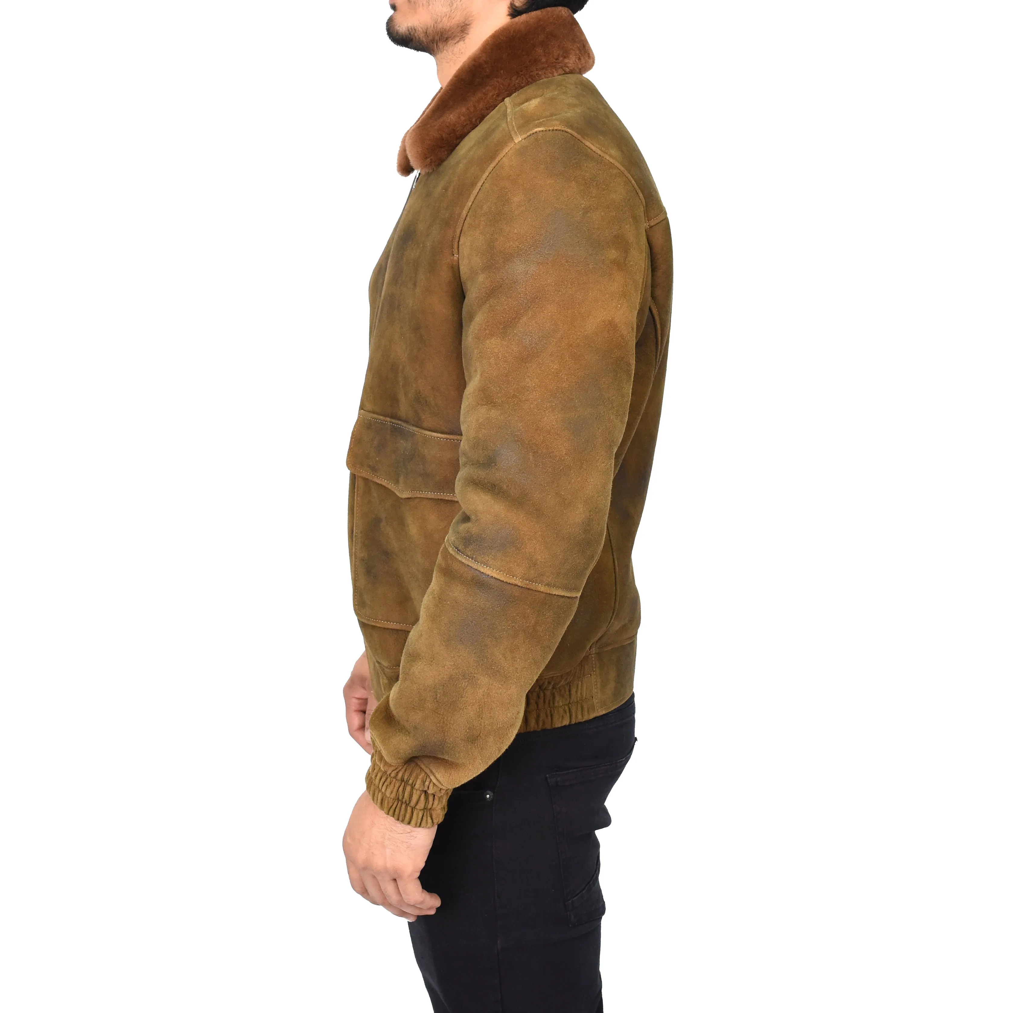 Men's Real Sheepskin Shearling Jacket Bomber Style Brown Ginger Kirby