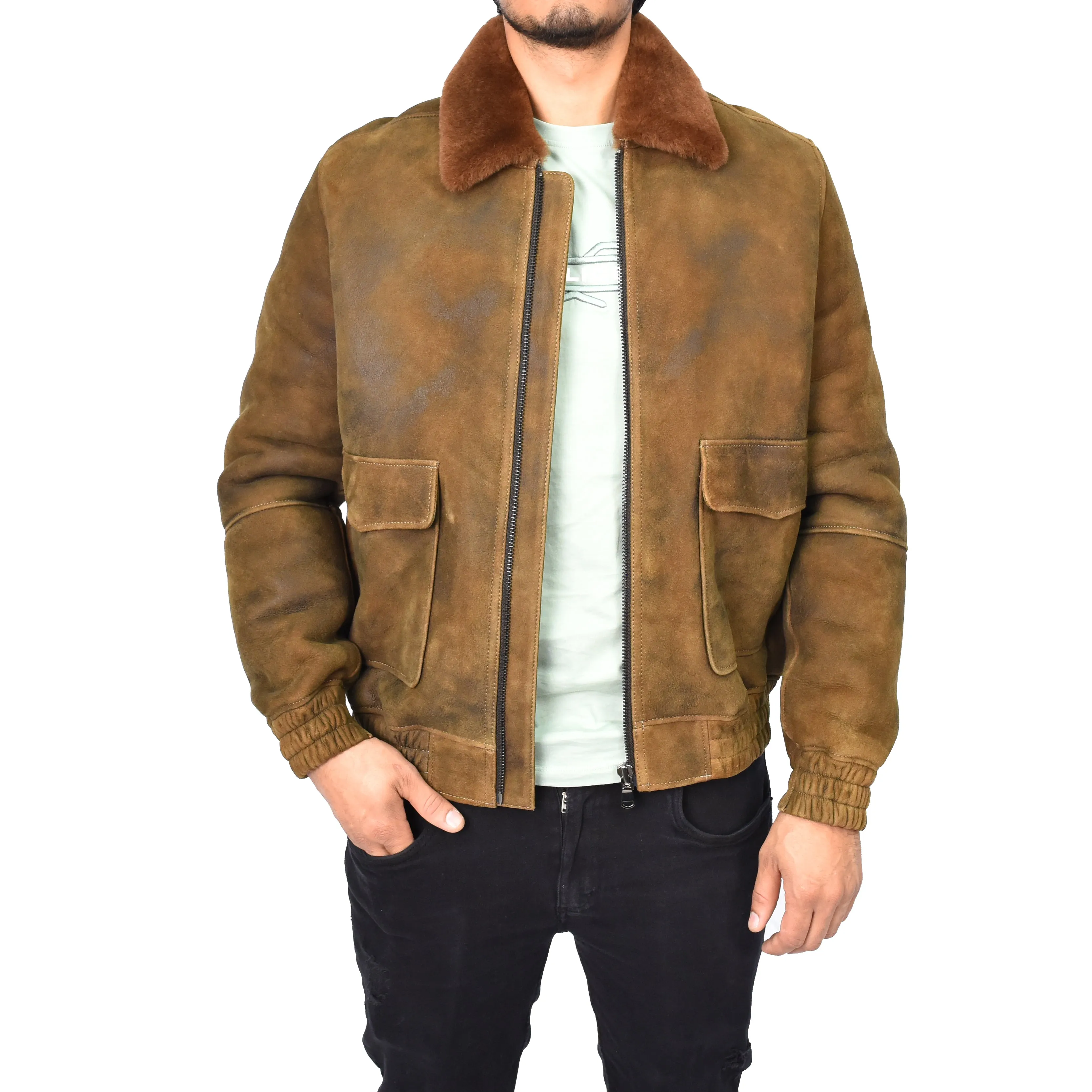 Men's Real Sheepskin Shearling Jacket Bomber Style Brown Ginger Kirby