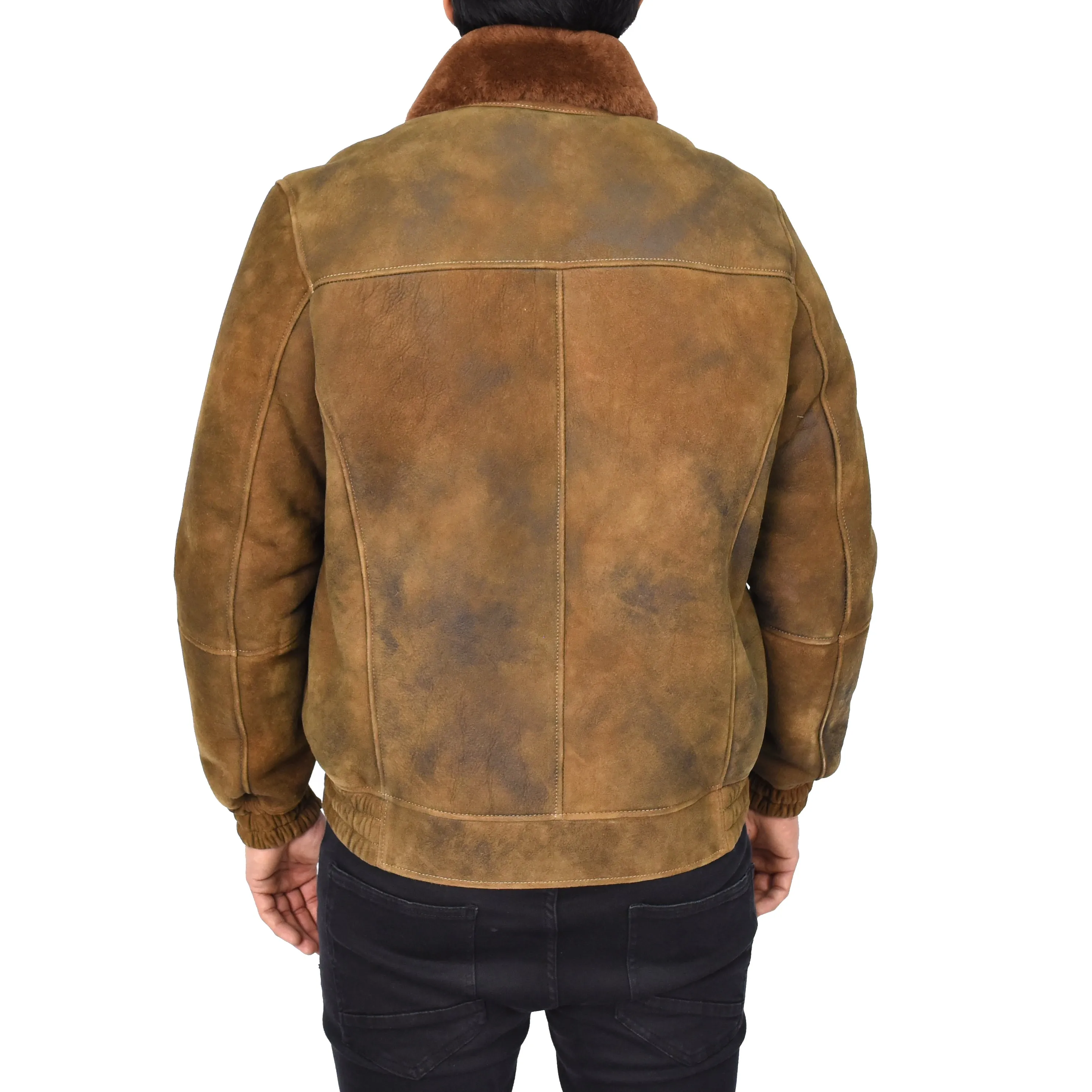 Men's Real Sheepskin Shearling Jacket Bomber Style Brown Ginger Kirby