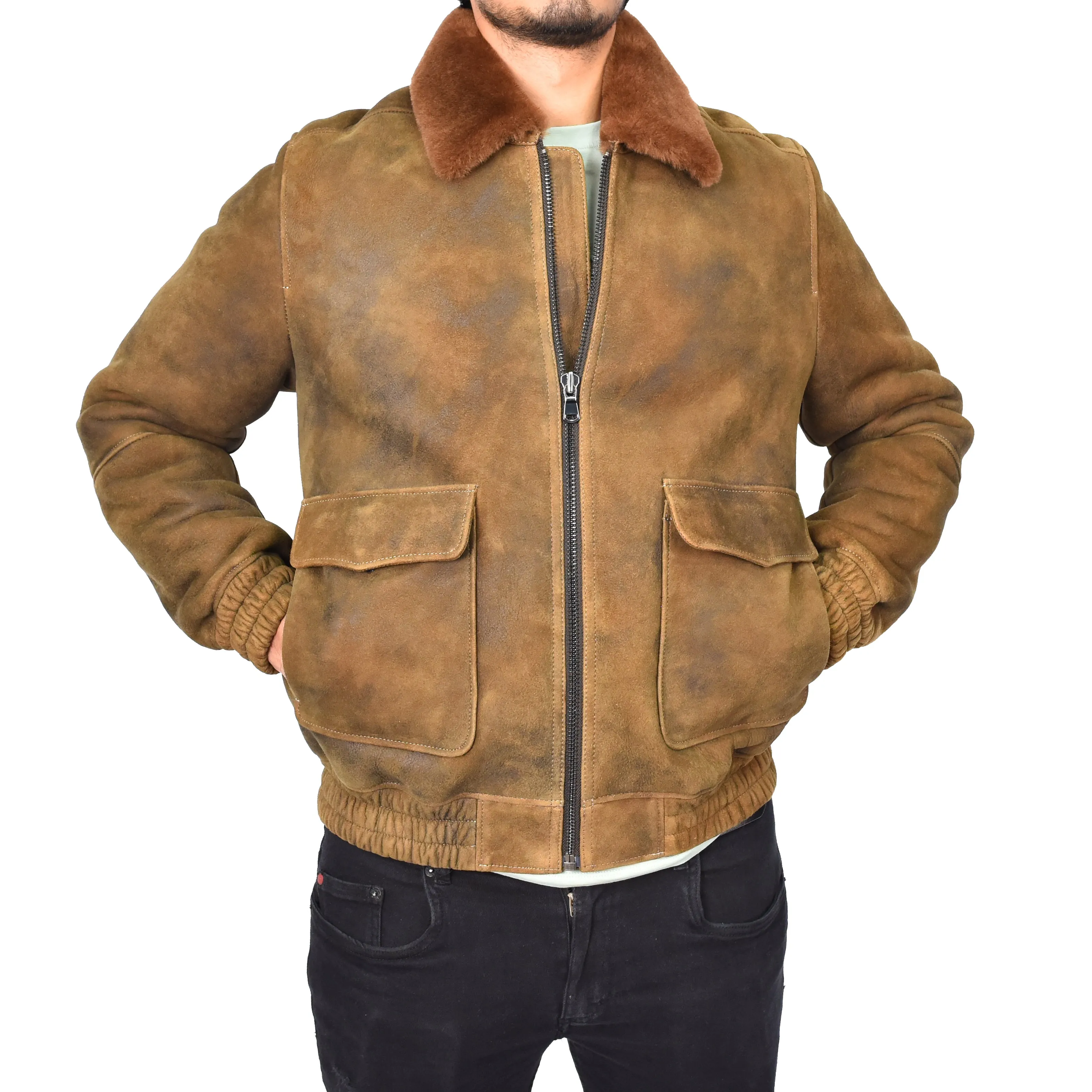 Men's Real Sheepskin Shearling Jacket Bomber Style Brown Ginger Kirby
