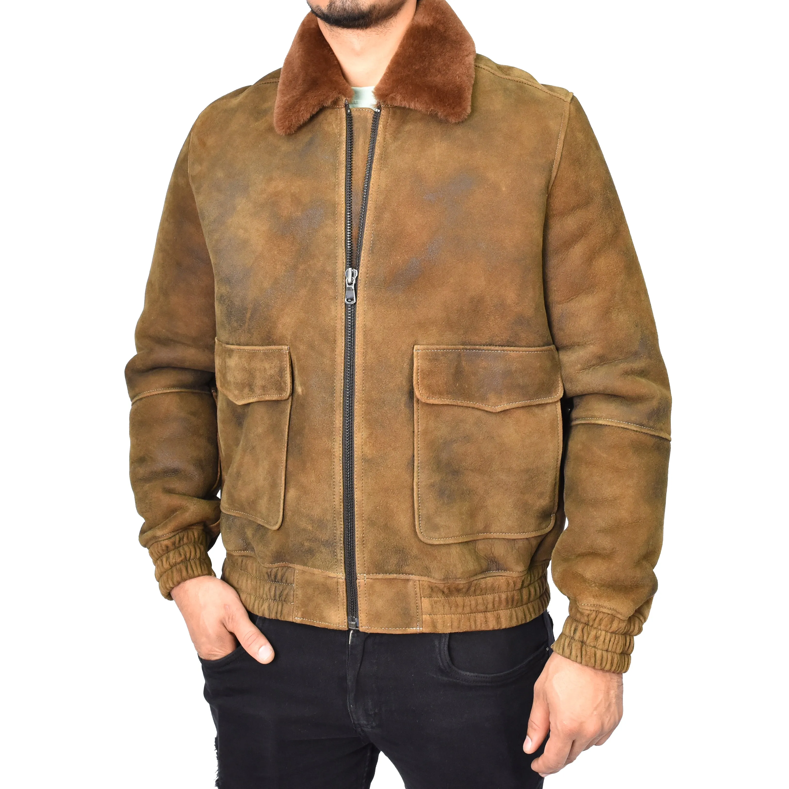 Men's Real Sheepskin Shearling Jacket Bomber Style Brown Ginger Kirby