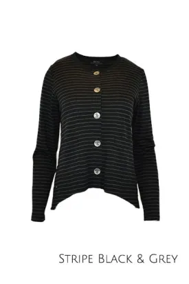 MERINO CRESCENT HEM CARDIGAN WITH POCKETS LONG SLEEVES ROUND NECK STRIPE BLACK/G