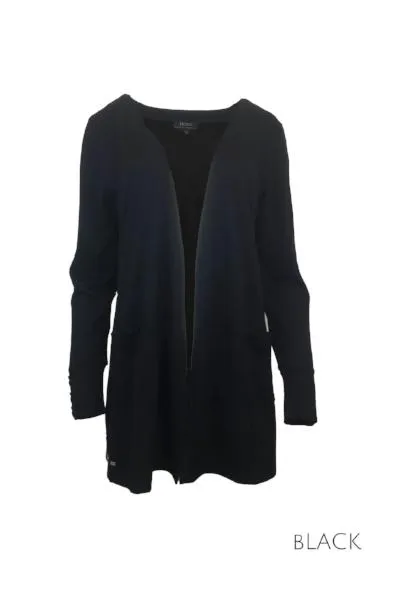MERINO LONG CARDIGAN WITH POCKETS & BUTTON CUFF/HEM LONG SLEEVES BLACK