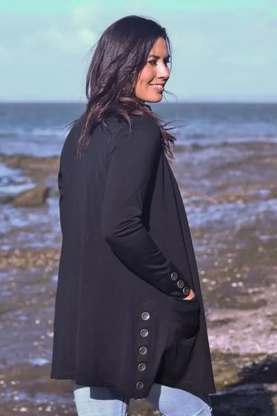 MERINO LONG CARDIGAN WITH POCKETS & BUTTON CUFF/HEM LONG SLEEVES BLACK