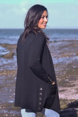 MERINO LONG CARDIGAN WITH POCKETS & BUTTON CUFF/HEM LONG SLEEVES BLACK