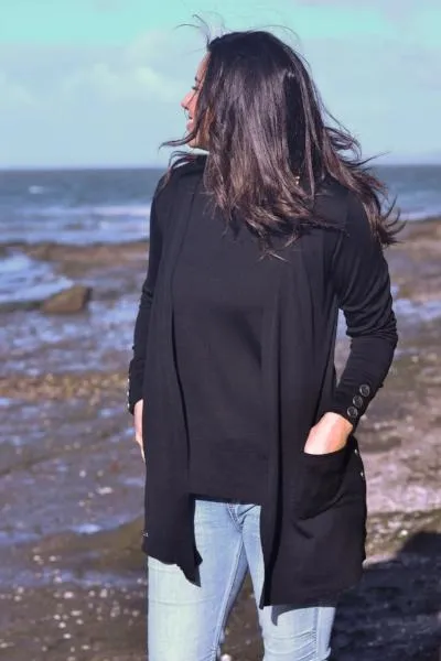 MERINO LONG CARDIGAN WITH POCKETS & BUTTON CUFF/HEM LONG SLEEVES BLACK