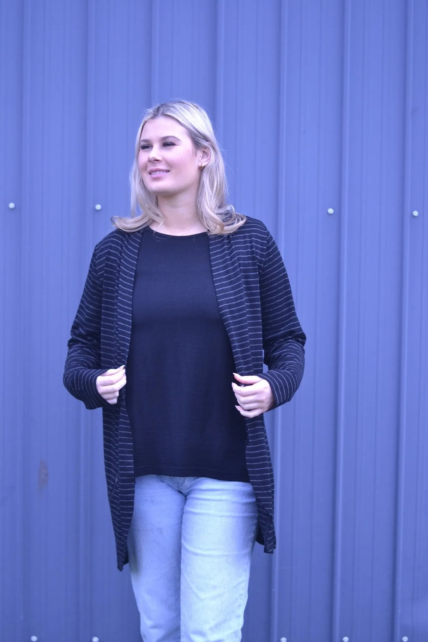MERINO ZIP POCKET CARDIGAN LONG SLEEVES WOMENS STRIPE BLACK/GREY