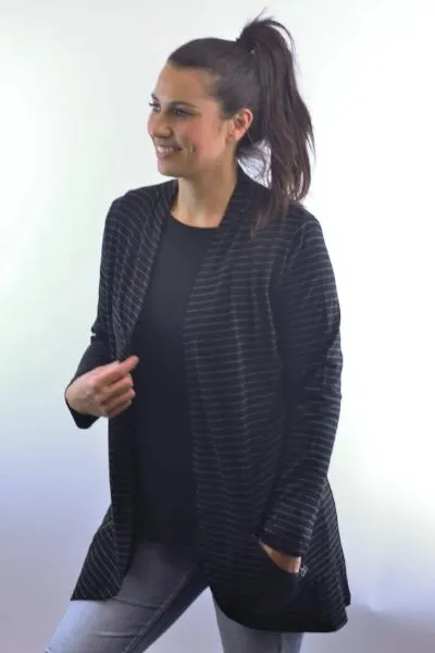 MERINO ZIP POCKET CARDIGAN LONG SLEEVES WOMENS STRIPE BLACK/GREY