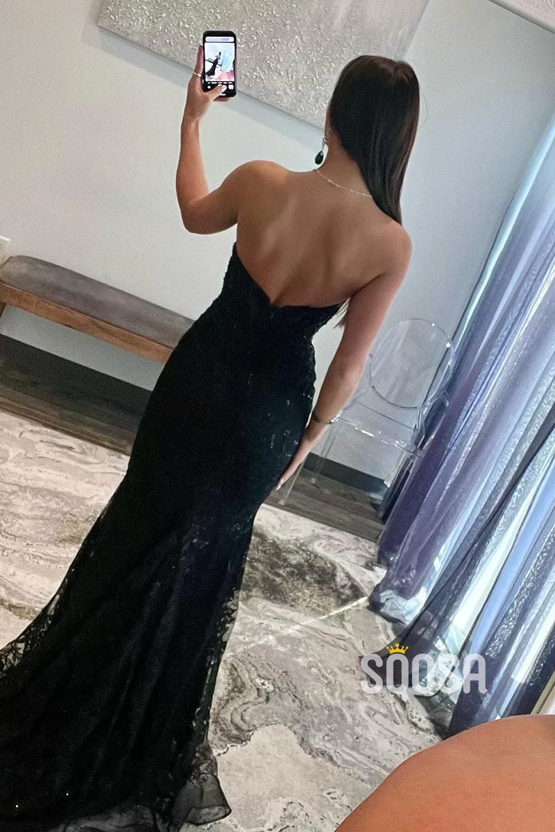 Mermaid Strapless Applique Black Long Prom Dress Evening Gowns QP3183
