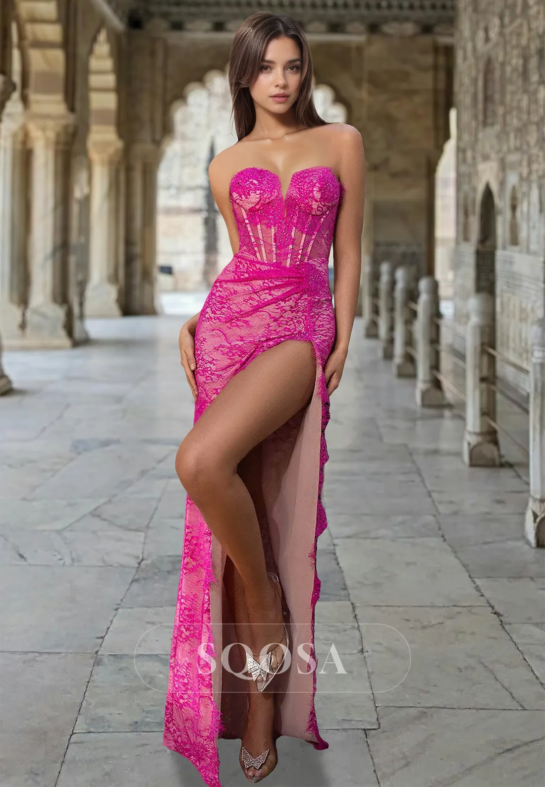 Off-Shoulder Sweetheart Sleeveless Party Gowns Allover Lace Pleated High Slit Mermaid Prom Dress