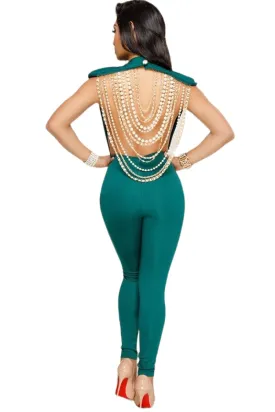 pearl chain backless sleeveless green jumpsuit