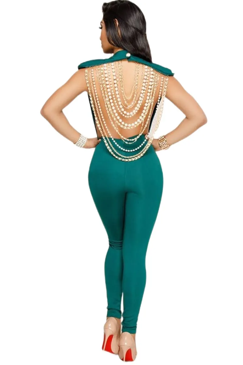pearl chain backless sleeveless green jumpsuit