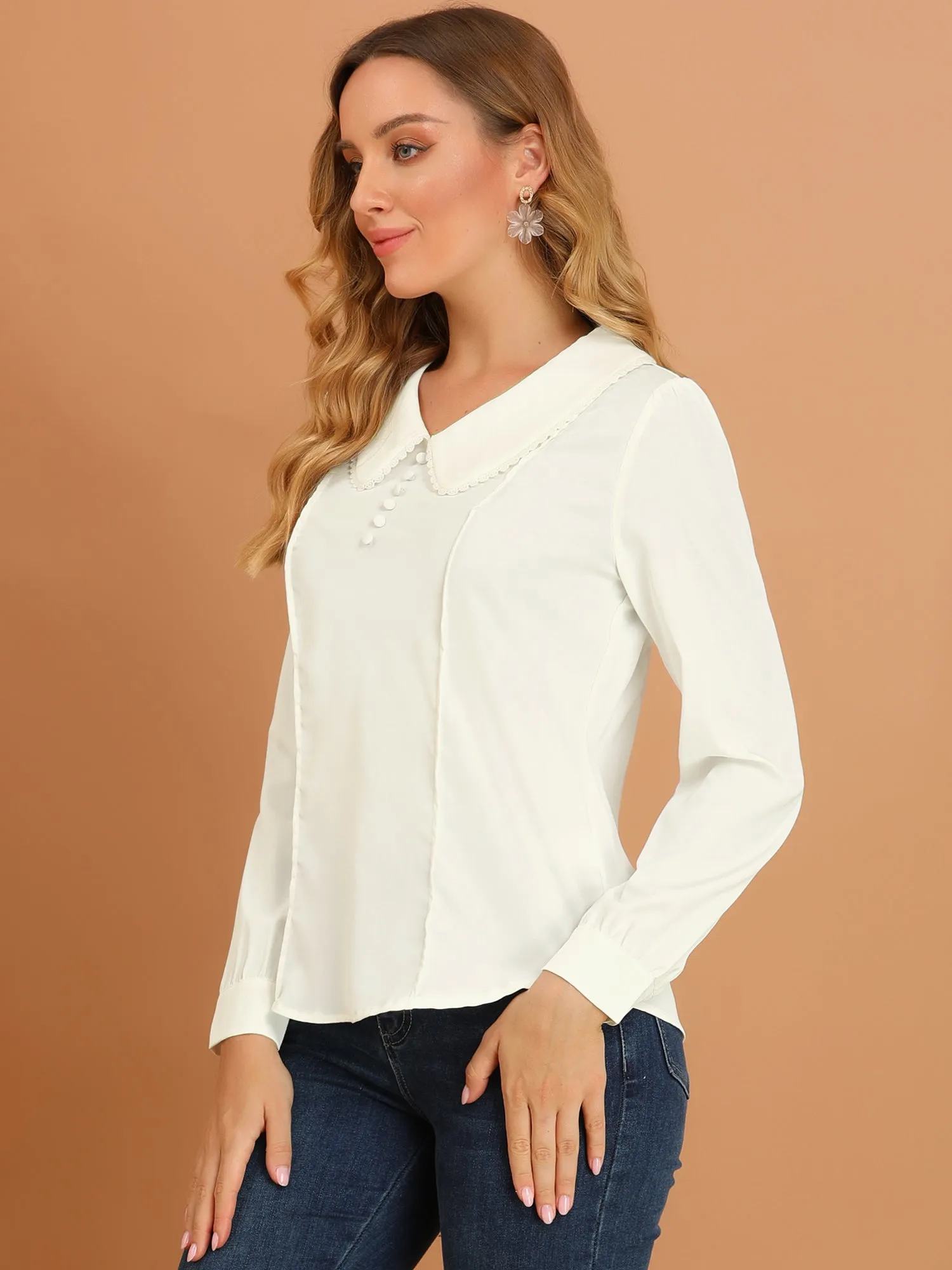 Peter Pan Collar Crochet Trim Long Sleeve Chiffon Office Blouse