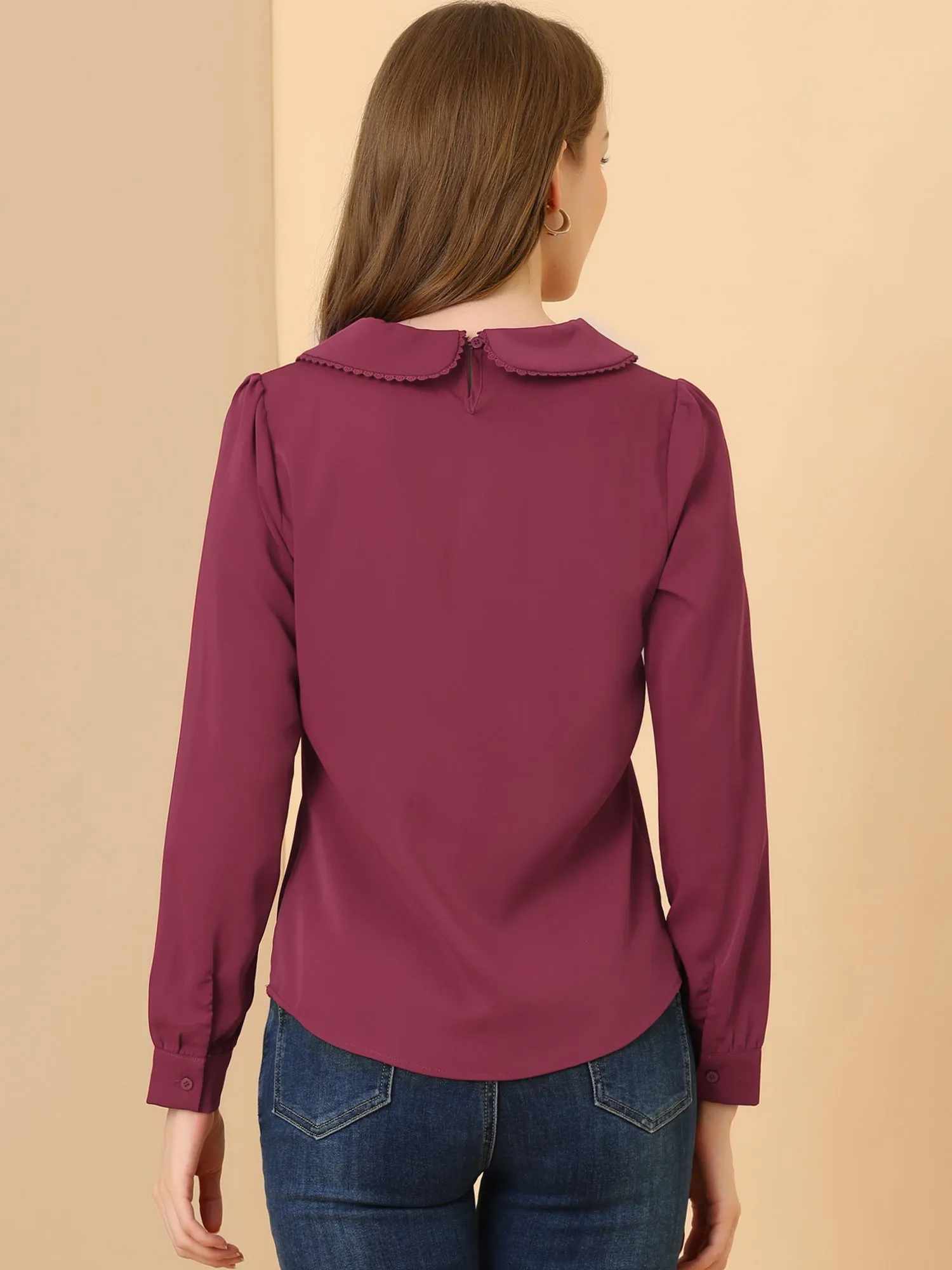 Peter Pan Collar Crochet Trim Long Sleeve Chiffon Office Blouse