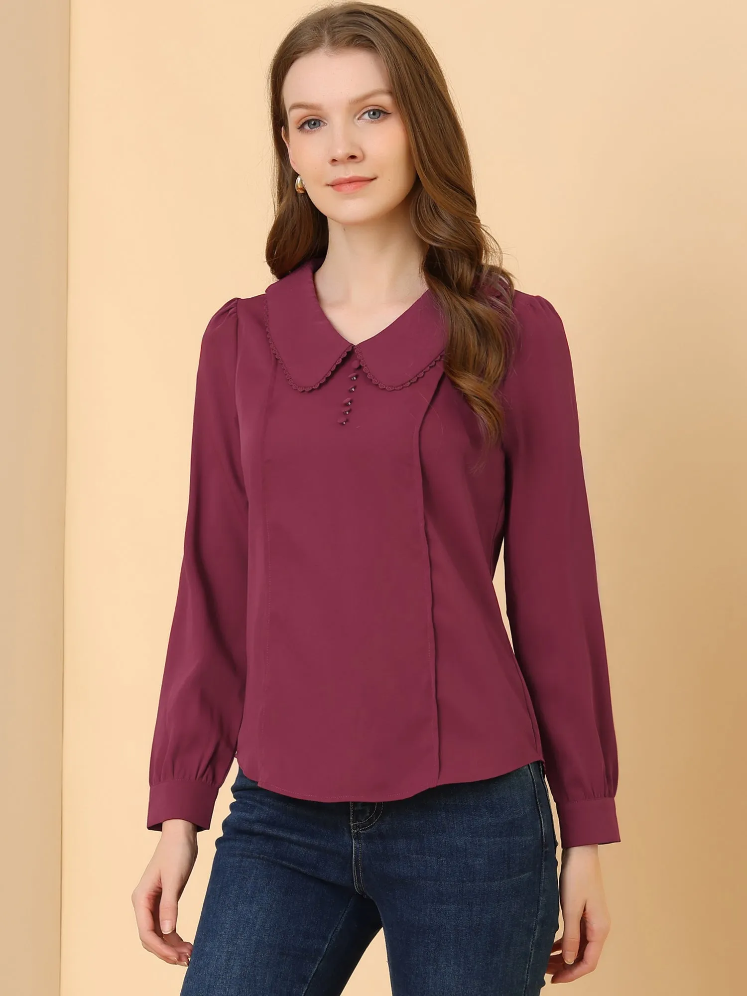 Peter Pan Collar Crochet Trim Long Sleeve Chiffon Office Blouse