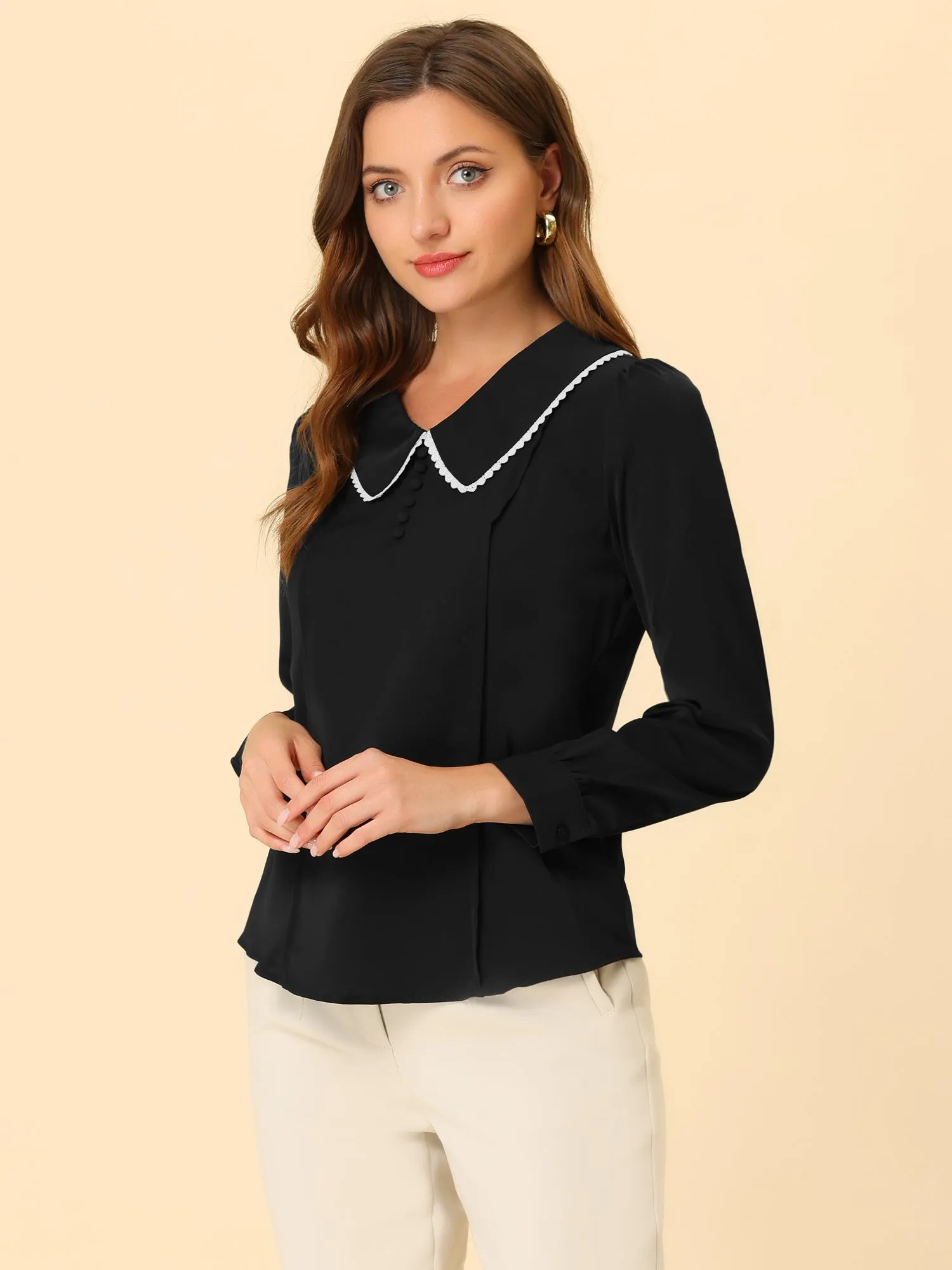 Peter Pan Collar Crochet Trim Long Sleeve Chiffon Office Blouse