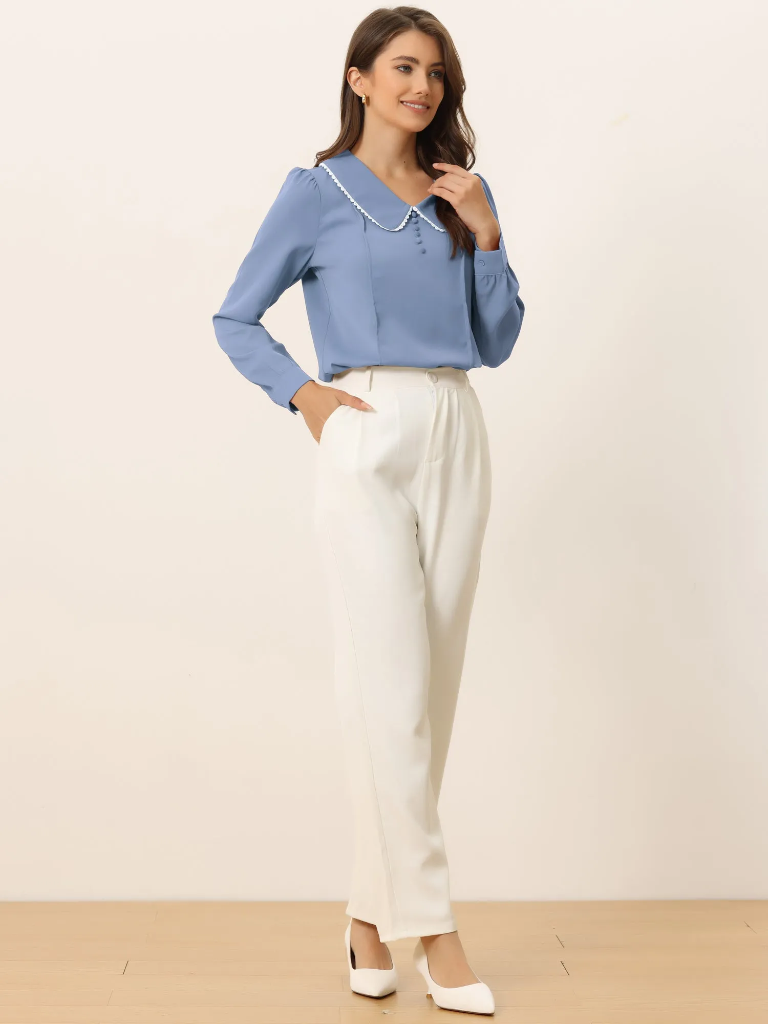Peter Pan Collar Crochet Trim Long Sleeve Chiffon Office Blouse