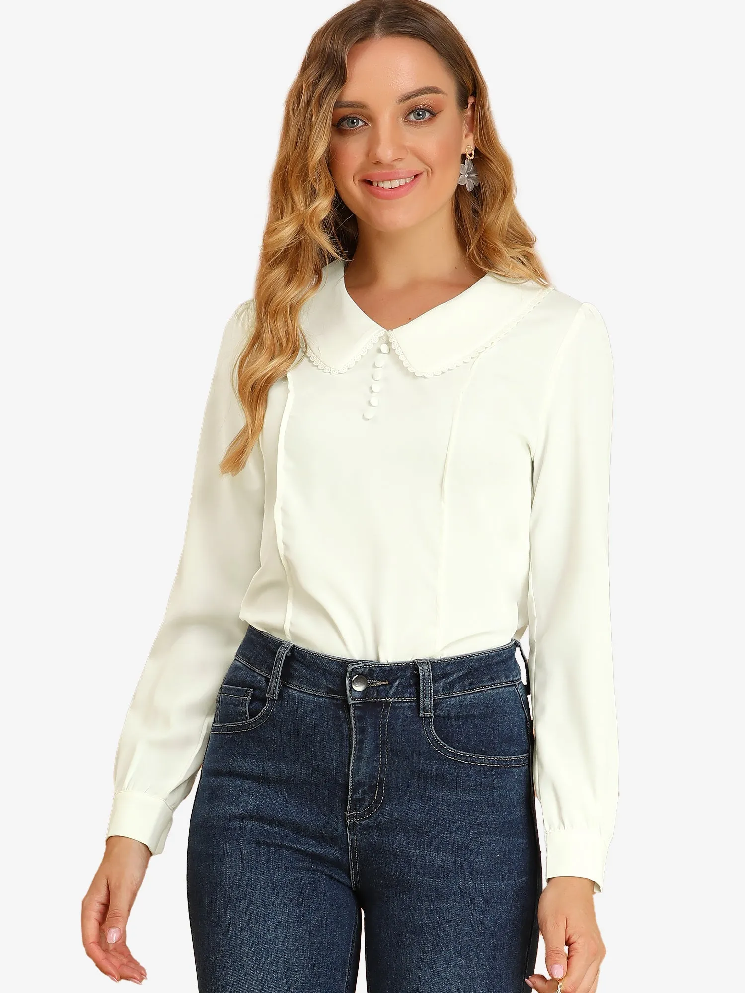Peter Pan Collar Crochet Trim Long Sleeve Chiffon Office Blouse