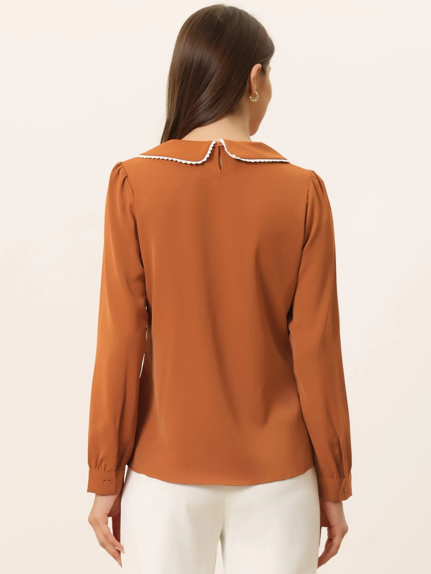 Peter Pan Collar Crochet Trim Long Sleeve Chiffon Office Blouse