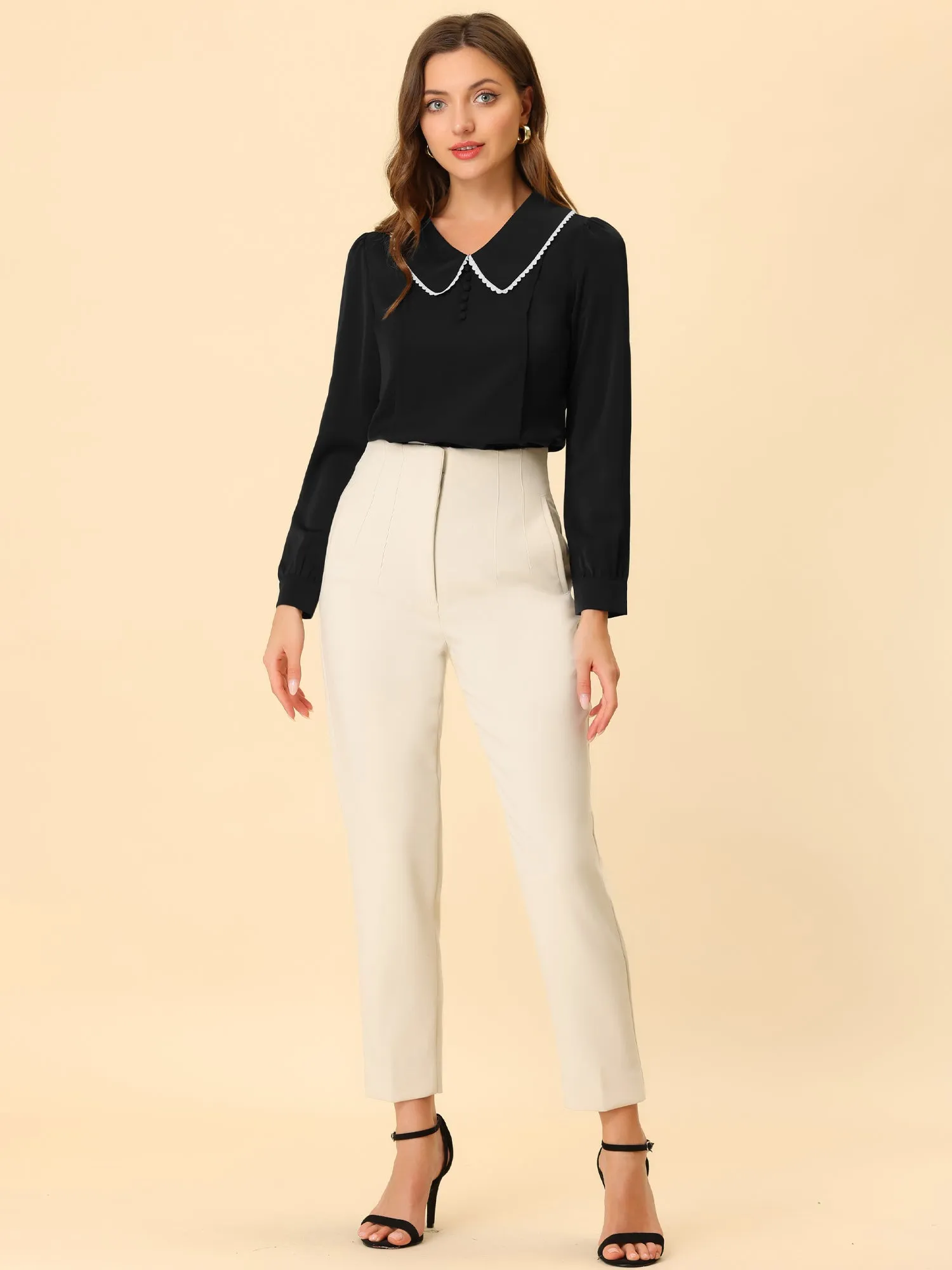Peter Pan Collar Crochet Trim Long Sleeve Chiffon Office Blouse