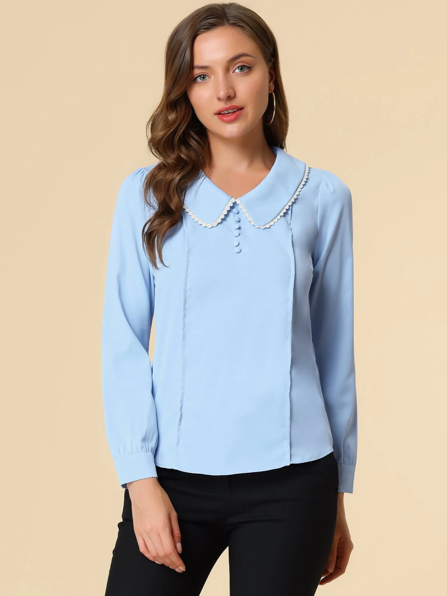 Peter Pan Collar Crochet Trim Long Sleeve Chiffon Office Blouse