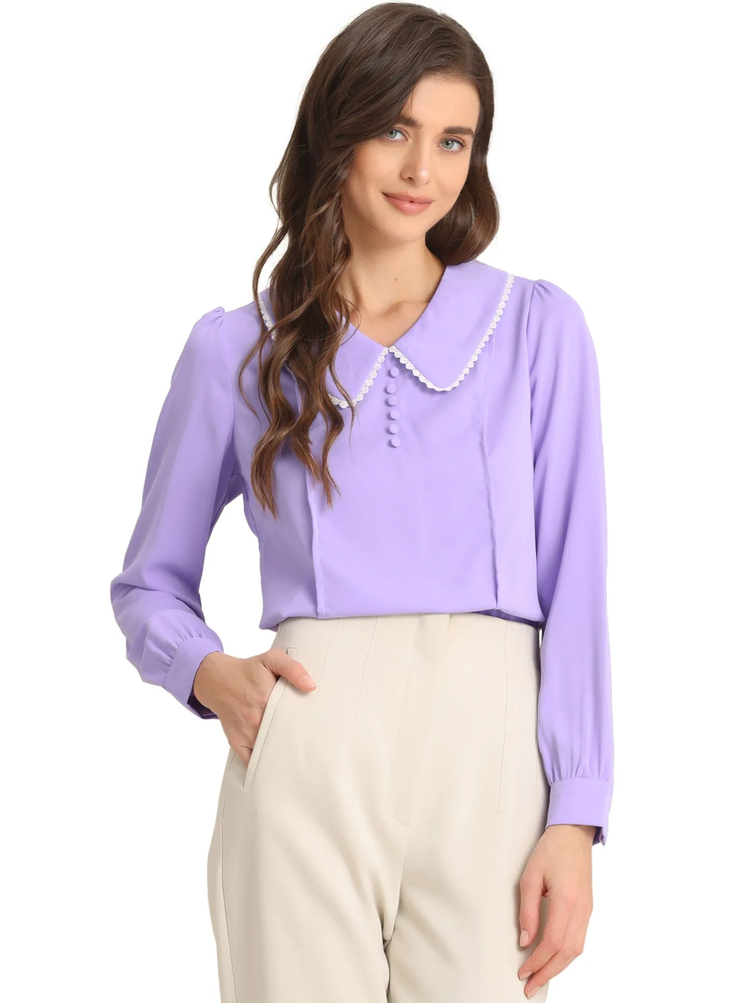 Peter Pan Collar Crochet Trim Long Sleeve Chiffon Office Blouse