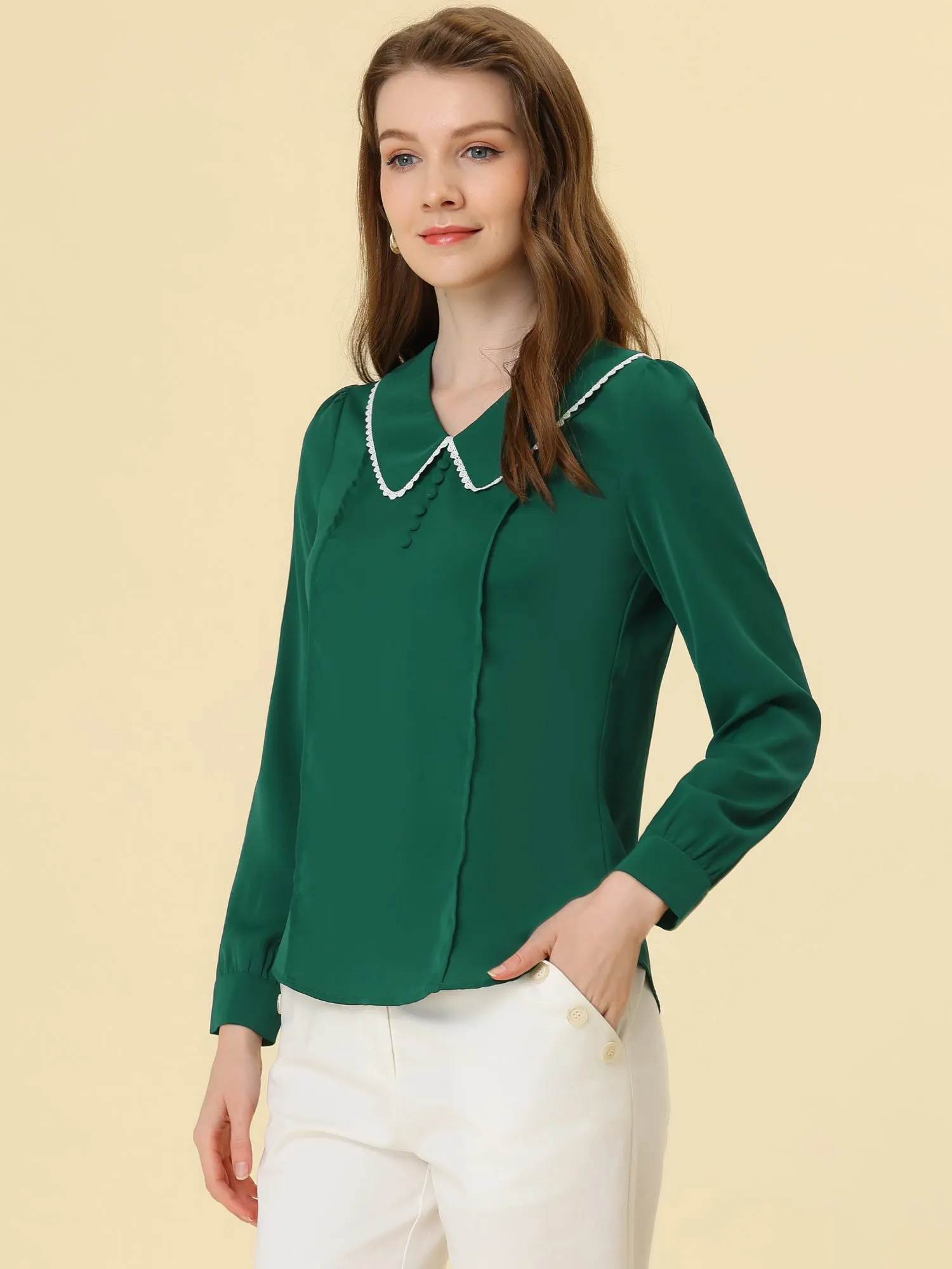 Peter Pan Collar Crochet Trim Long Sleeve Chiffon Office Blouse