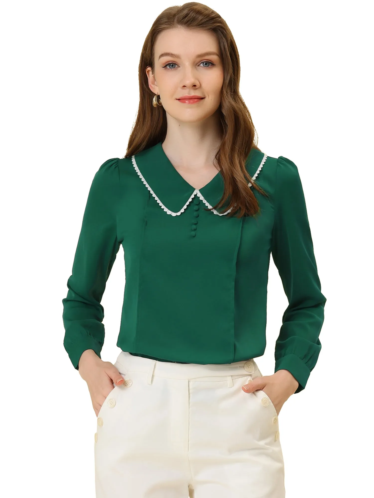 Peter Pan Collar Crochet Trim Long Sleeve Chiffon Office Blouse