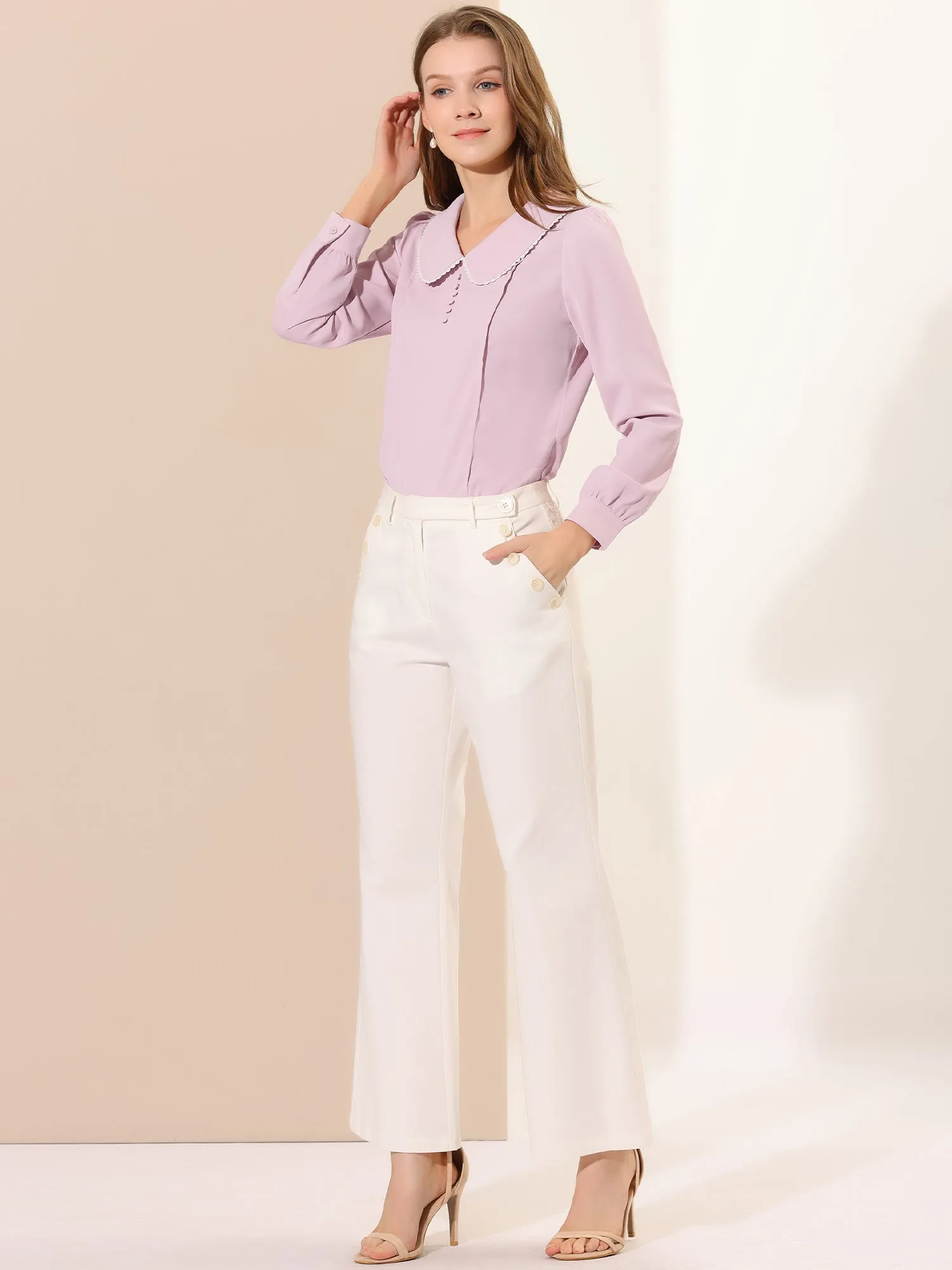 Peter Pan Collar Crochet Trim Long Sleeve Chiffon Office Blouse