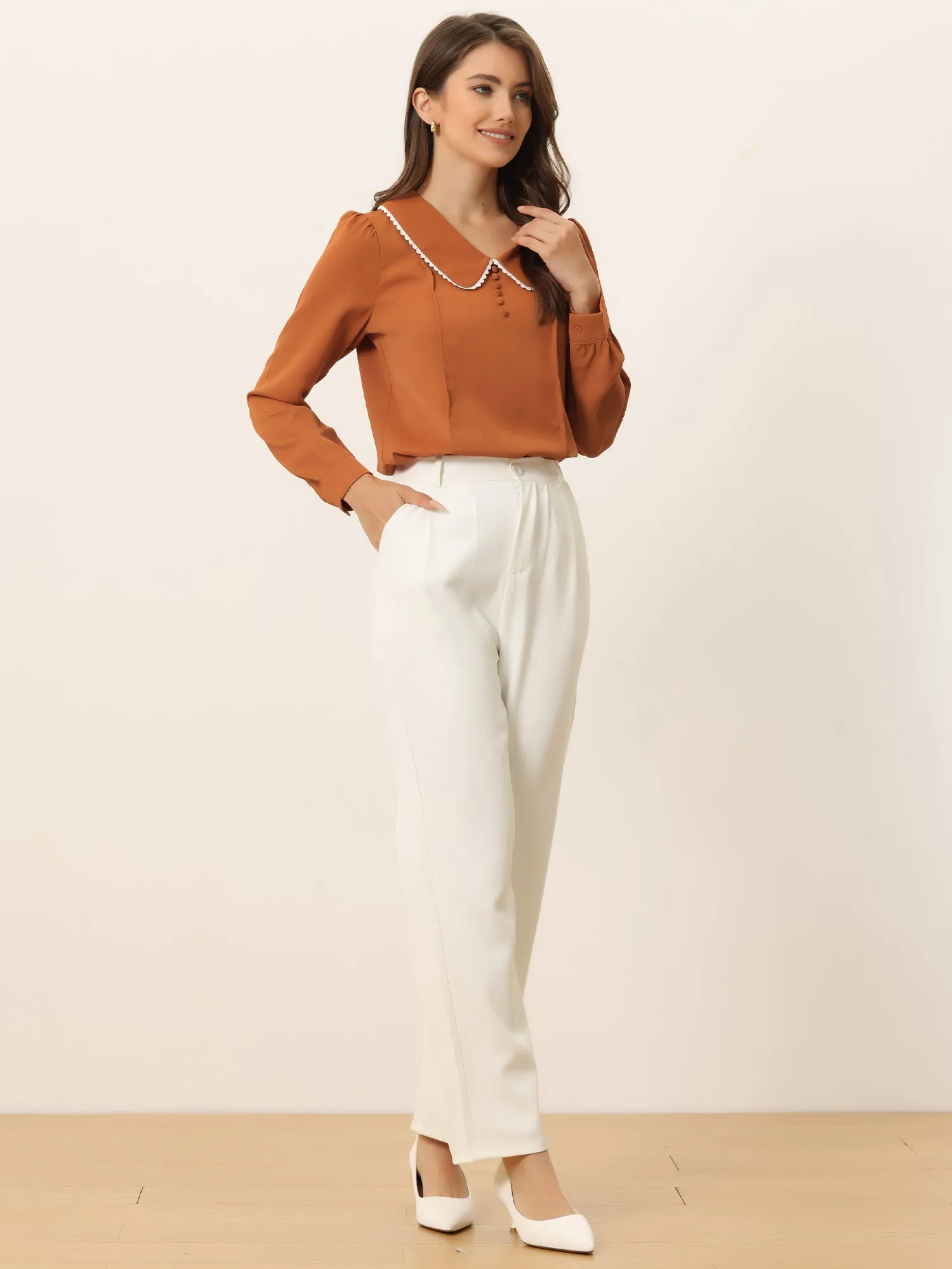 Peter Pan Collar Crochet Trim Long Sleeve Chiffon Office Blouse